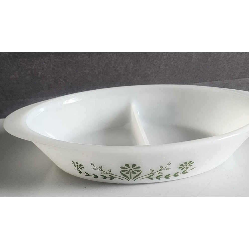 Vintage Glasbake Green Flowers Pattern Divided Casserole Dish 12"x8.5 large Oval